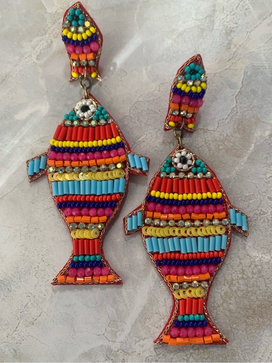 Handmade Jewelry - Colorful Beaded Fish Earrings - Multicolor Statement Jewelry